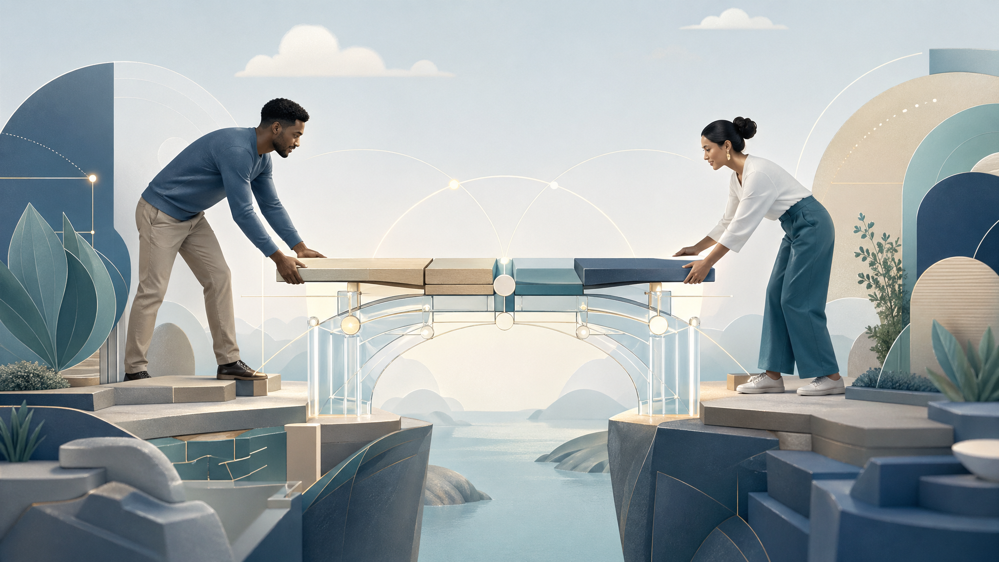 Two people building a bridge together across a gap as a metaphor for clear communication