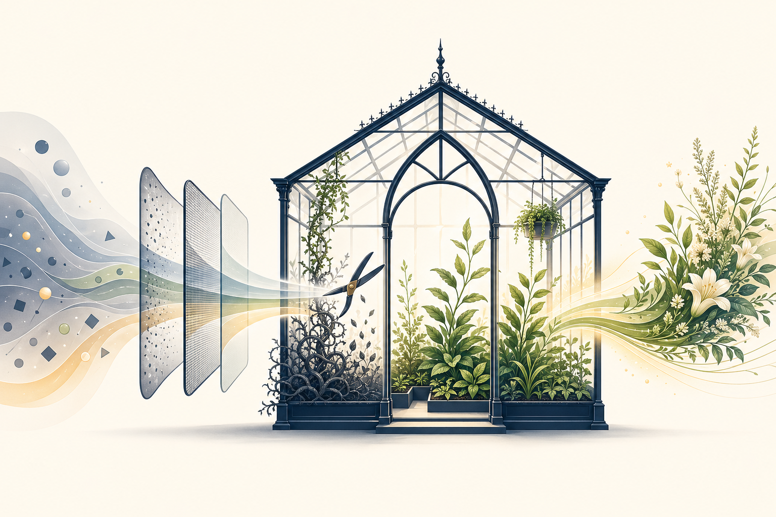 Attention greenhouse with filtered inputs, pruned noise, and healthy growth