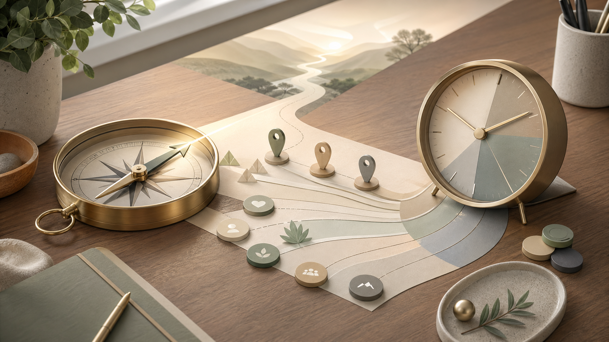 Compass and clock organizing possible paths to show direction before scheduling