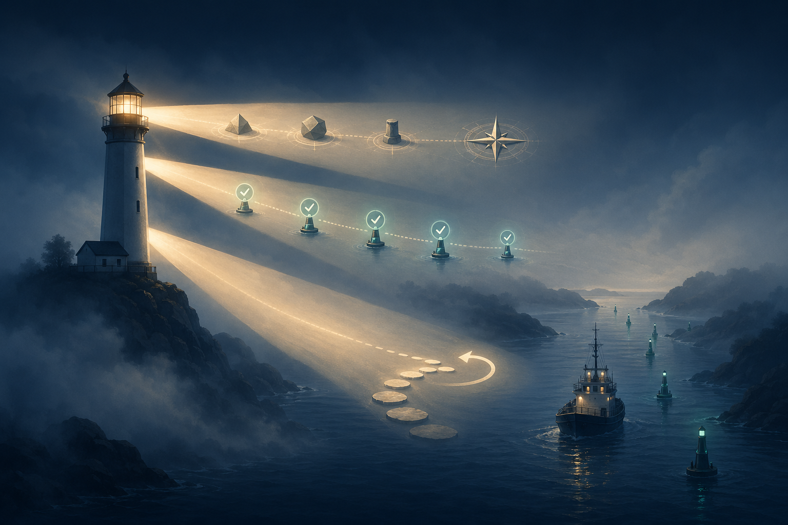 Decision lighthouse casting three guiding beams through fog toward a safe channel