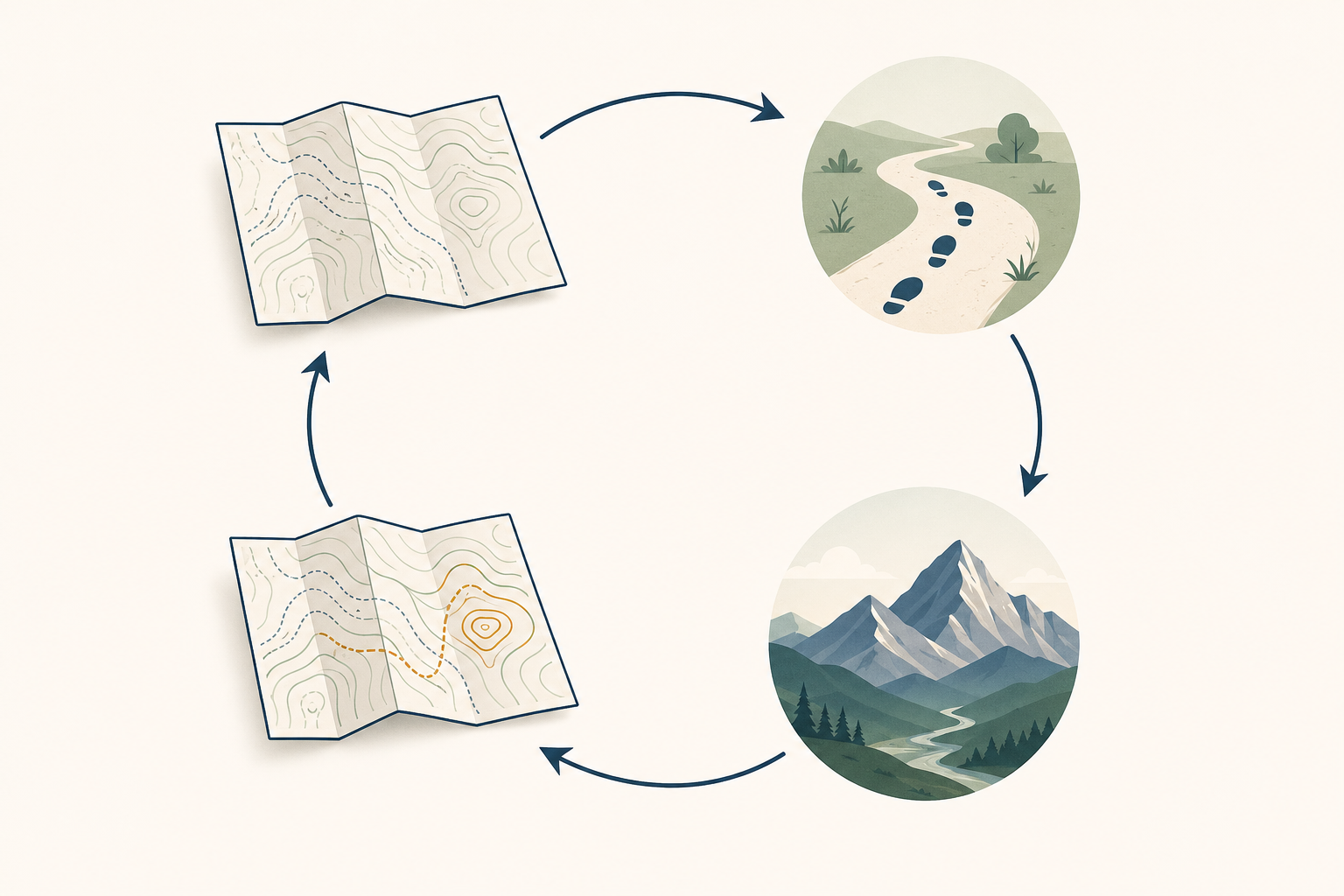 Reality-check loop between mental model, action, terrain feedback, and updated model