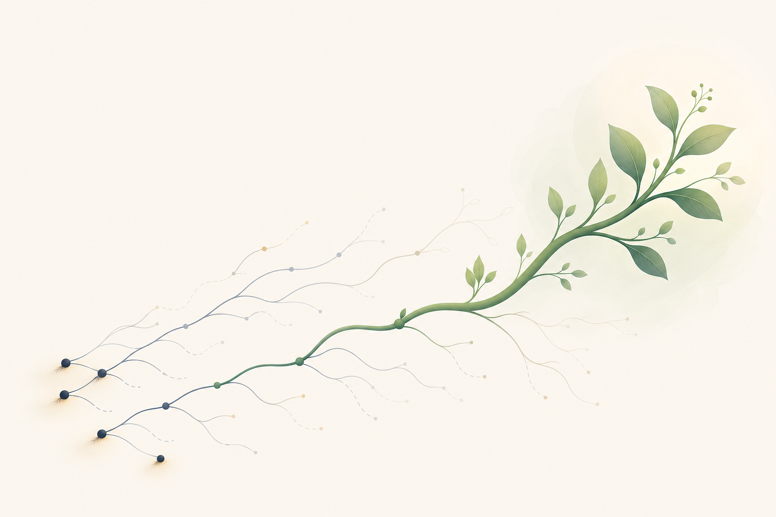 Small experimental bets branching into multiple future options with one path growing stronger