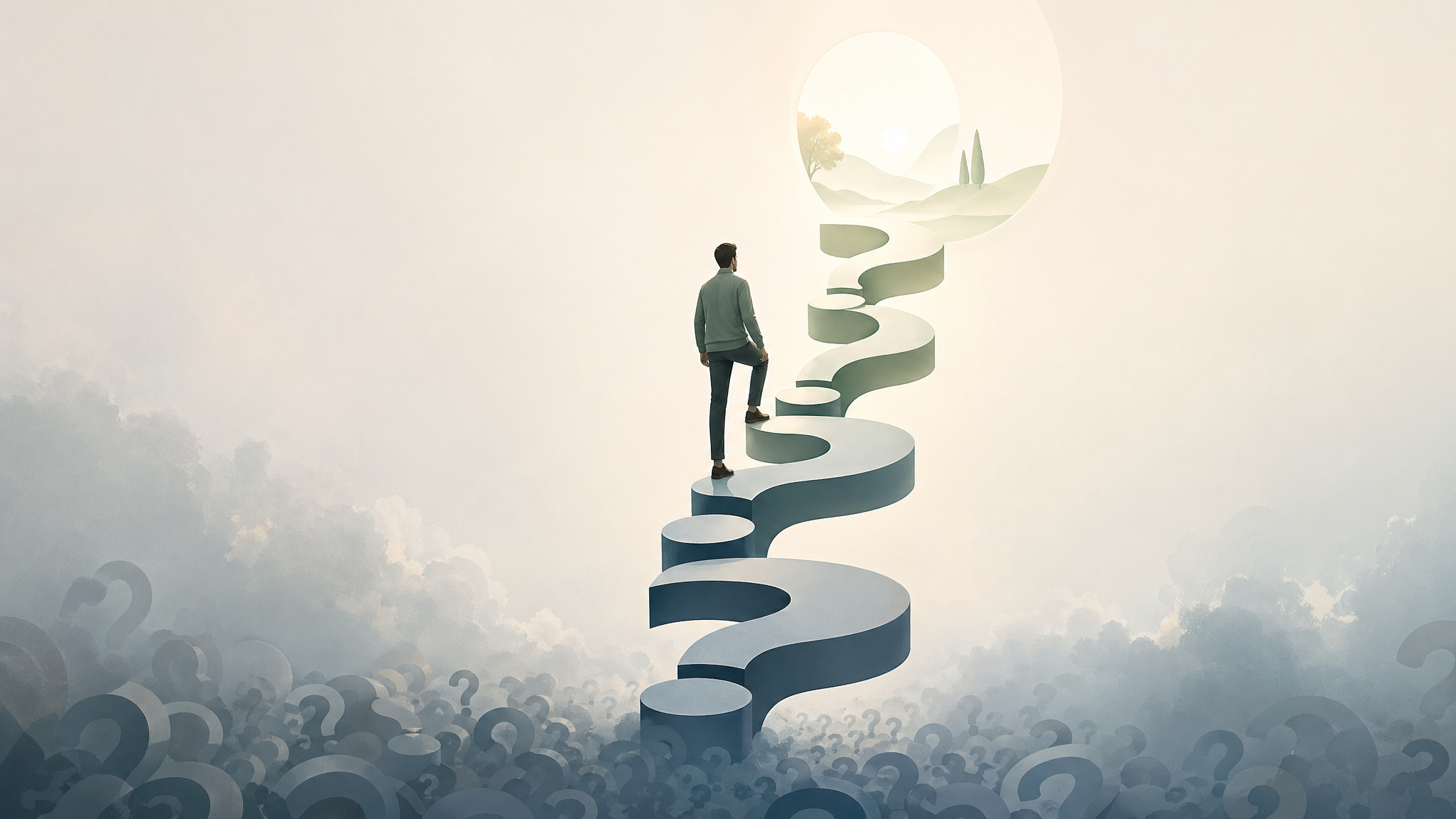 A person climbing a ladder of increasingly deeper questions toward clearer judgment