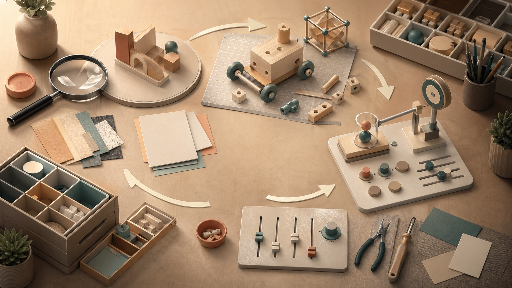 Workshop table showing an iterative loop of observing, building, testing, adjusting, and storing lessons